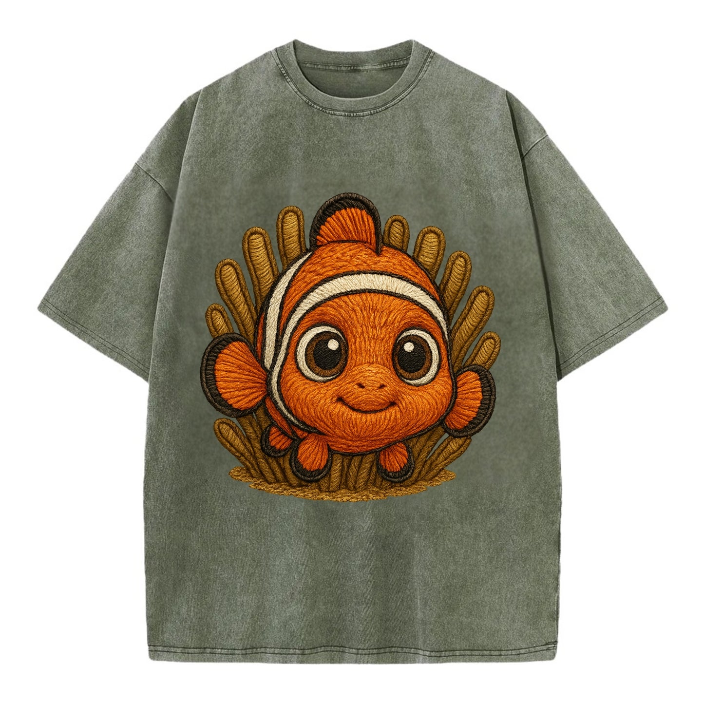 Baby Clownfish - orange with white stripes, big round eyes, front-facing in - Vintage T-shirt - Army Green