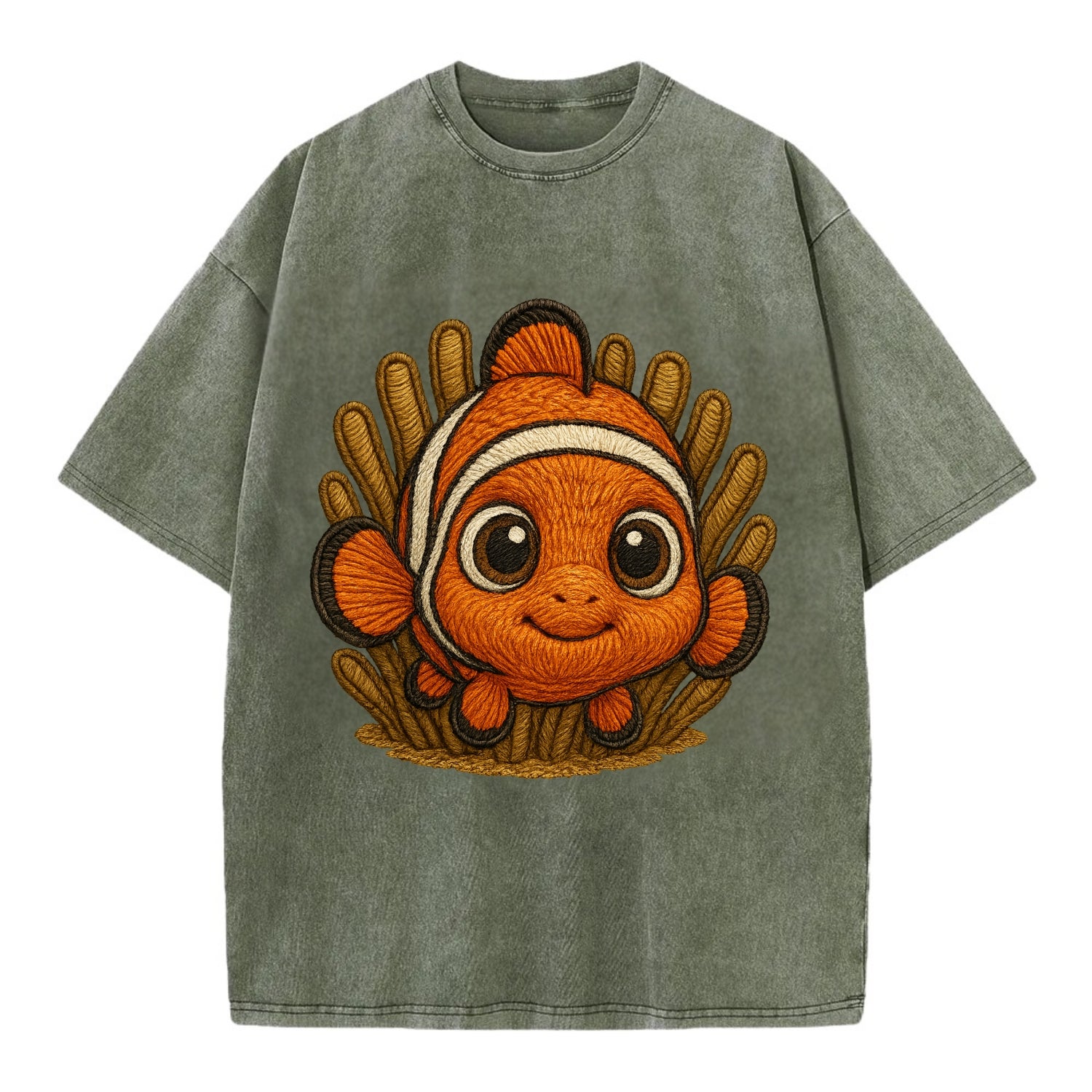Baby Clownfish - orange with white stripes, big round eyes, front-facing in - Vintage T-shirt - Army Green