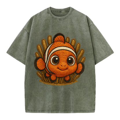 Baby Clownfish - orange with white stripes, big round eyes, front-facing in - Vintage T-shirt - Army Green