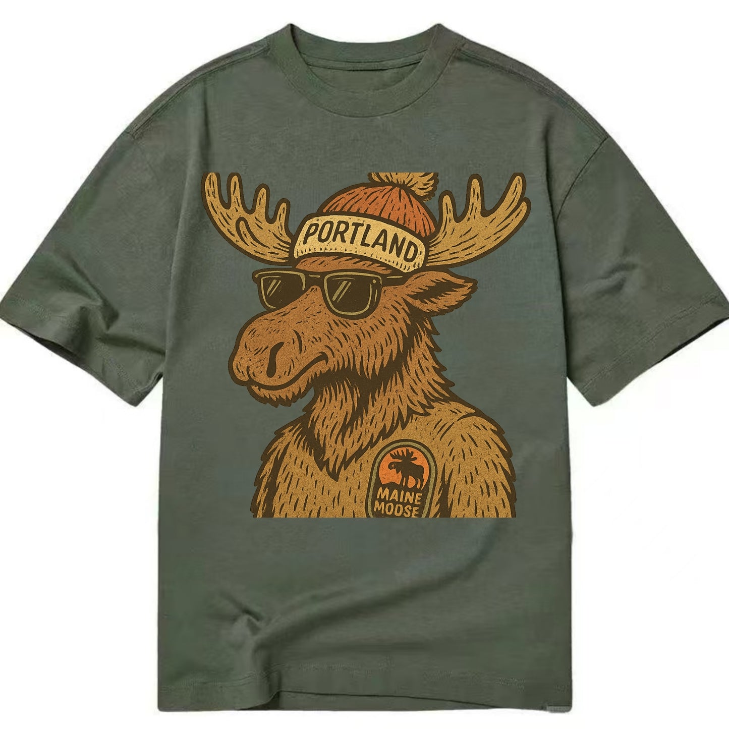 Maine Moose wearing Portland beanie with pom pom and wayfarer sunglasses - Classic T-shirt - Army Green