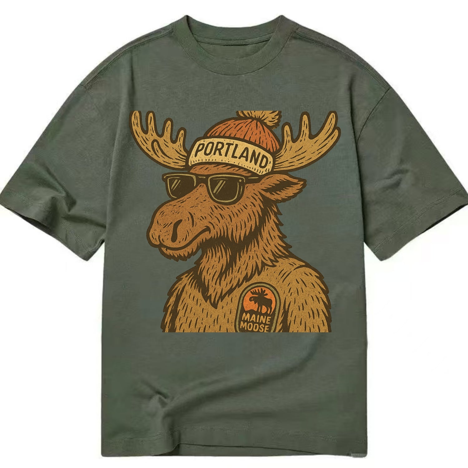 Maine Moose wearing Portland beanie with pom pom and wayfarer sunglasses - Classic T-shirt - Army Green
