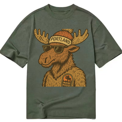 Maine Moose wearing Portland beanie with pom pom and wayfarer sunglasses - Classic T-shirt - Army Green