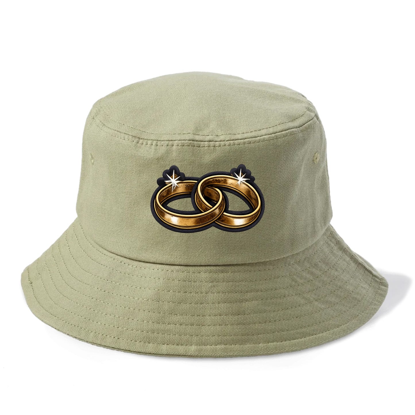 WEDDING RINGS - interlocked bands in gold , marriage - Bucket Hat - Army Green