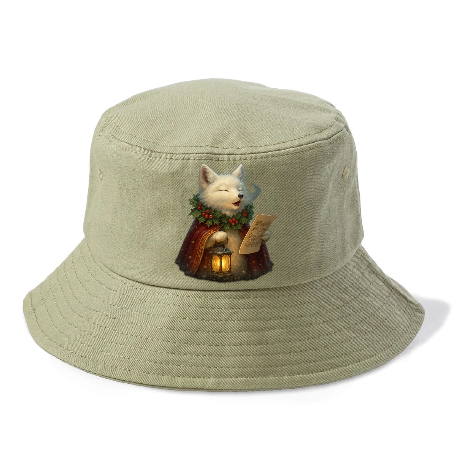 Snowbound Arctic Fox Caroler  - Bucket Hat - Army Green