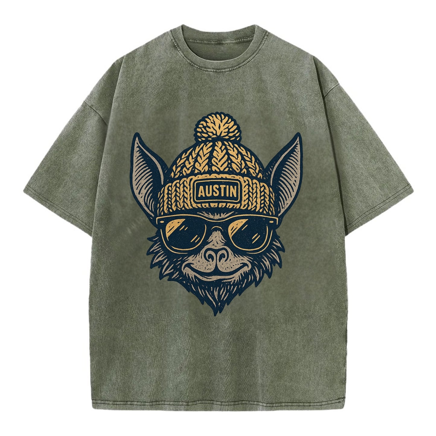 Austin Bat wearing Austin beanie with pom pom and wayfarer sunglasses - Vintage T-shirt - Army Green