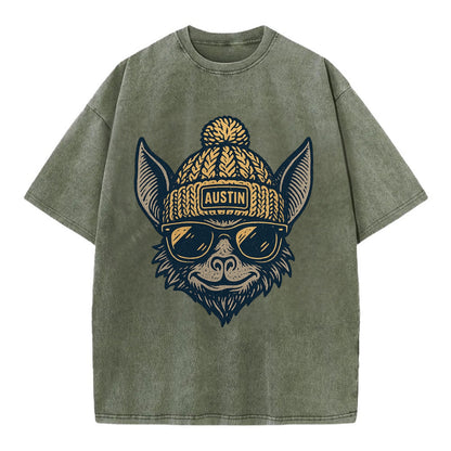 Austin Bat wearing Austin beanie with pom pom and wayfarer sunglasses - Vintage T-shirt - Army Green