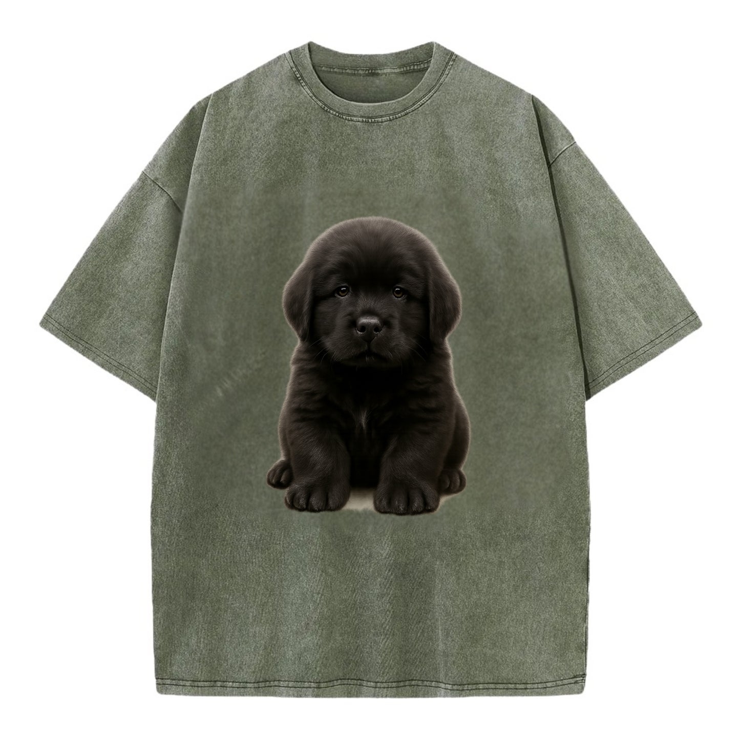 Baby Newfoundland Puppy - giant fluffy black, gentle eyes, webbed paws, - Vintage T-shirt - Army Green