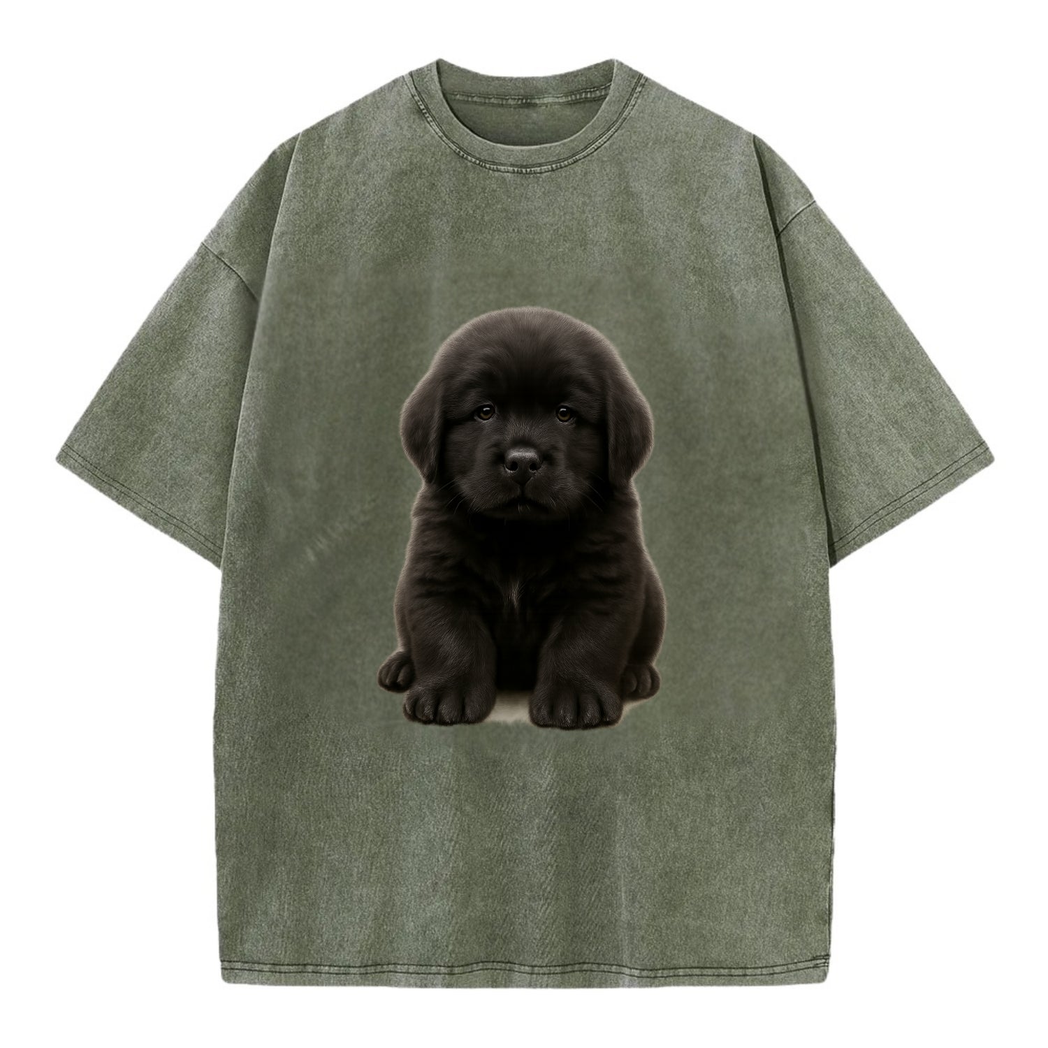 Baby Newfoundland Puppy - giant fluffy black, gentle eyes, webbed paws, - Vintage T-shirt - Army Green