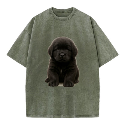 Baby Newfoundland Puppy - giant fluffy black, gentle eyes, webbed paws, - Vintage T-shirt - Army Green