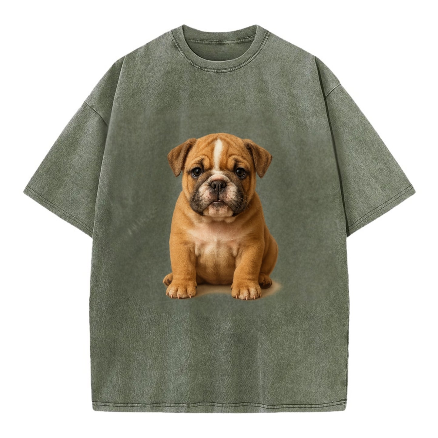 Baby Bulldog Puppy - wrinkly face, underbite, stocky body, gentle eyes, - Vintage T-shirt - Army Green