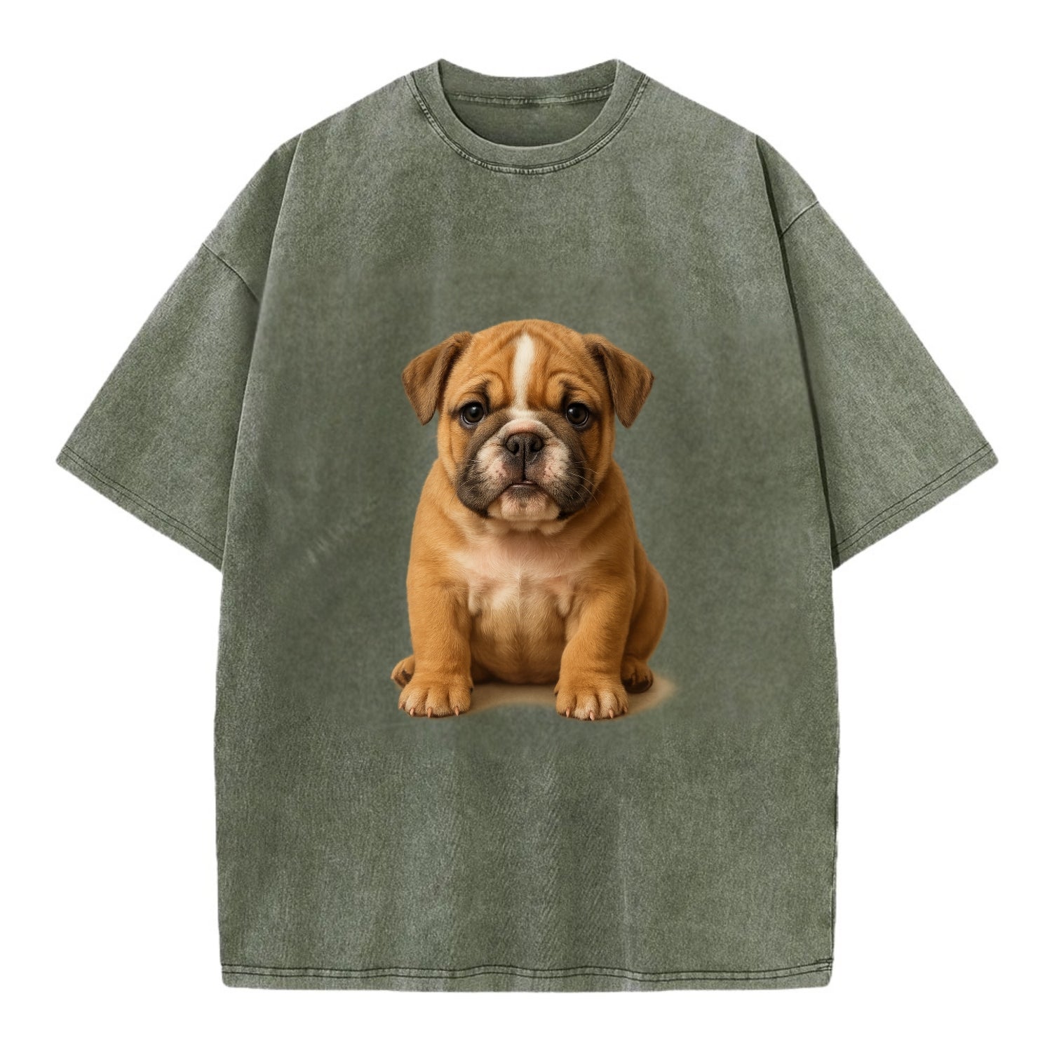 Baby Bulldog Puppy - wrinkly face, underbite, stocky body, gentle eyes, - Vintage T-shirt - Army Green