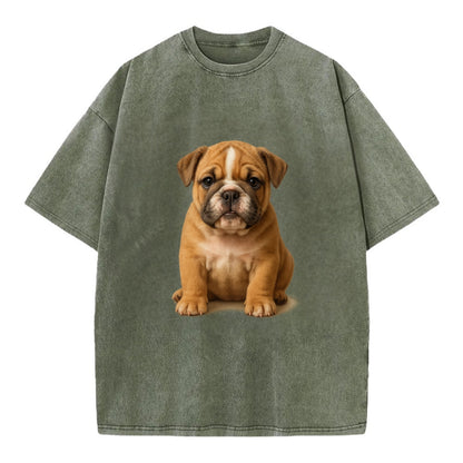 Baby Bulldog Puppy - wrinkly face, underbite, stocky body, gentle eyes, - Vintage T-shirt - Army Green
