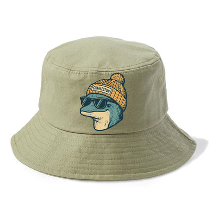 Charleston Dolphin wearing Charleston beanie with pom pom and wayfarer sunglasses - Bucket Hat - Army Green