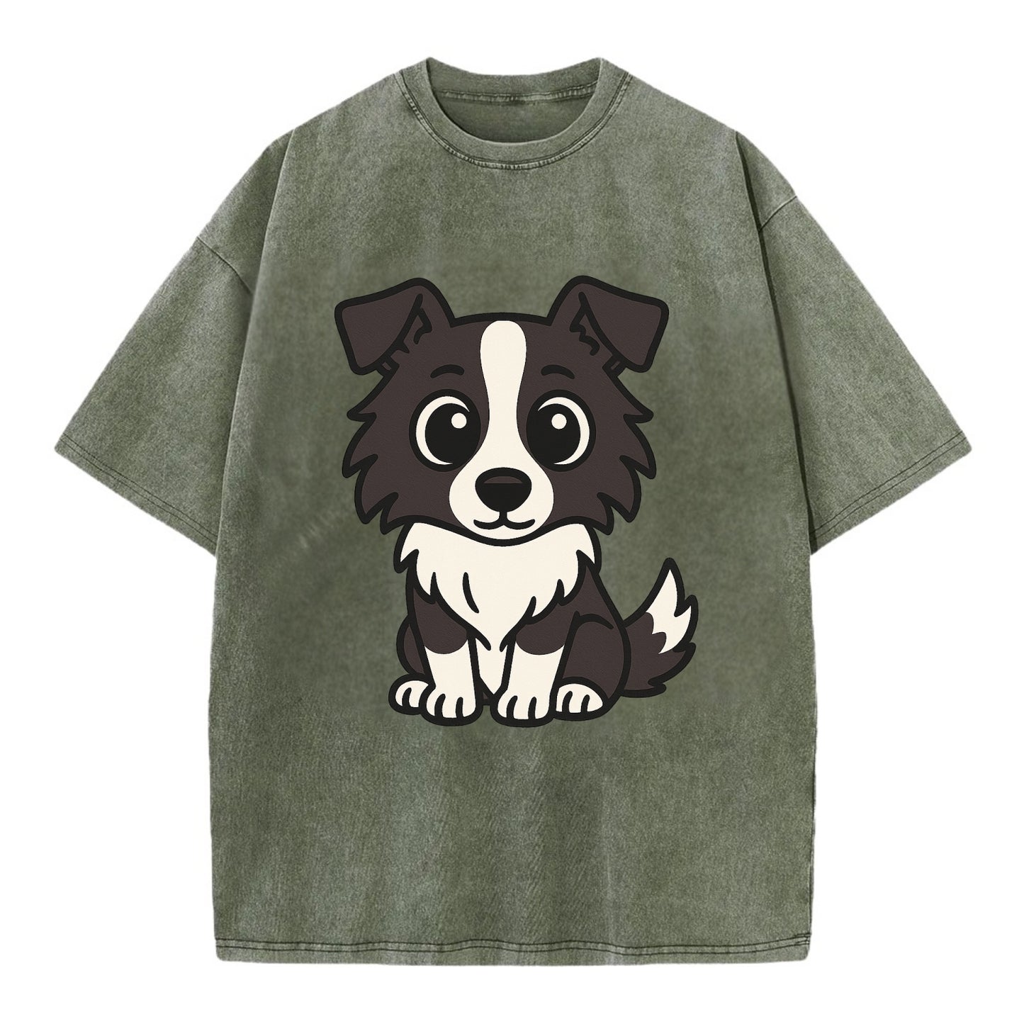 Border Collie - Intense stare sitting pose - Vintage T-shirt - Army Green