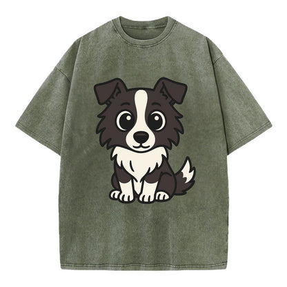 Border Collie - Intense stare sitting pose - Vintage T-shirt - Army Green