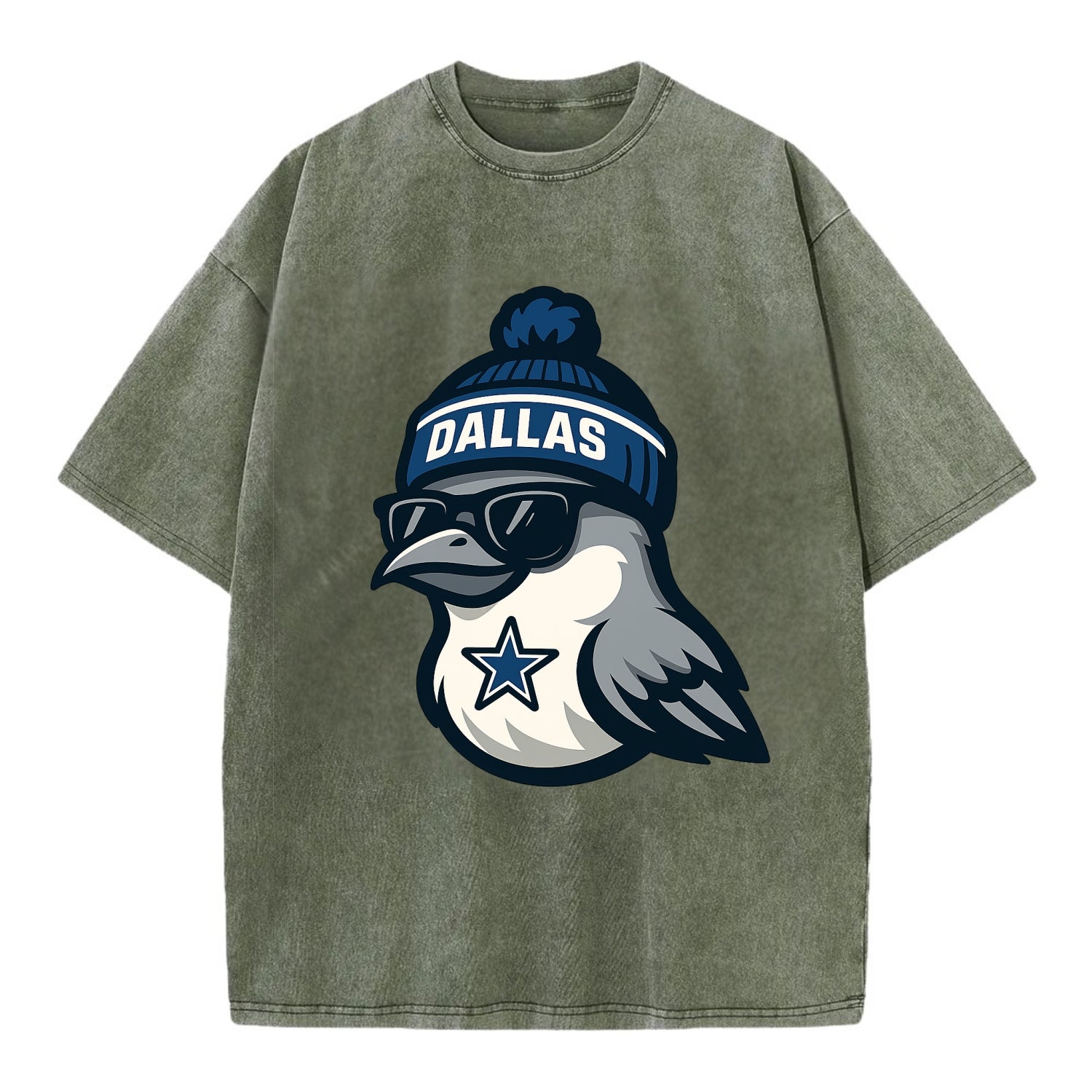 Dallas Mockingbird wearing Cowboys beanie with sheriff star and wayfarer - Vintage T-shirt - Army Green