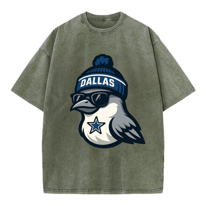 Dallas Mockingbird wearing Cowboys beanie with sheriff star and wayfarer - Vintage T-shirt - Army Green
