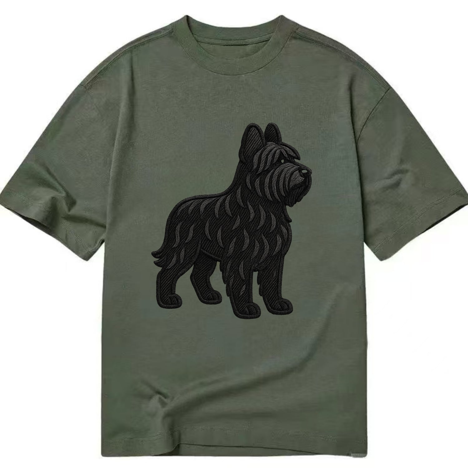 Briard - Black wavy coat embroidered herding pose - Classic T-shirt - Army Green