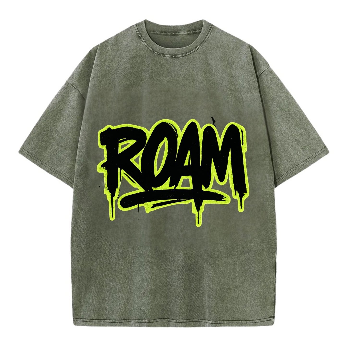 Bold typography design - "ROAM" - wander freely, no destination needed - Vintage T-shirt - Army Green