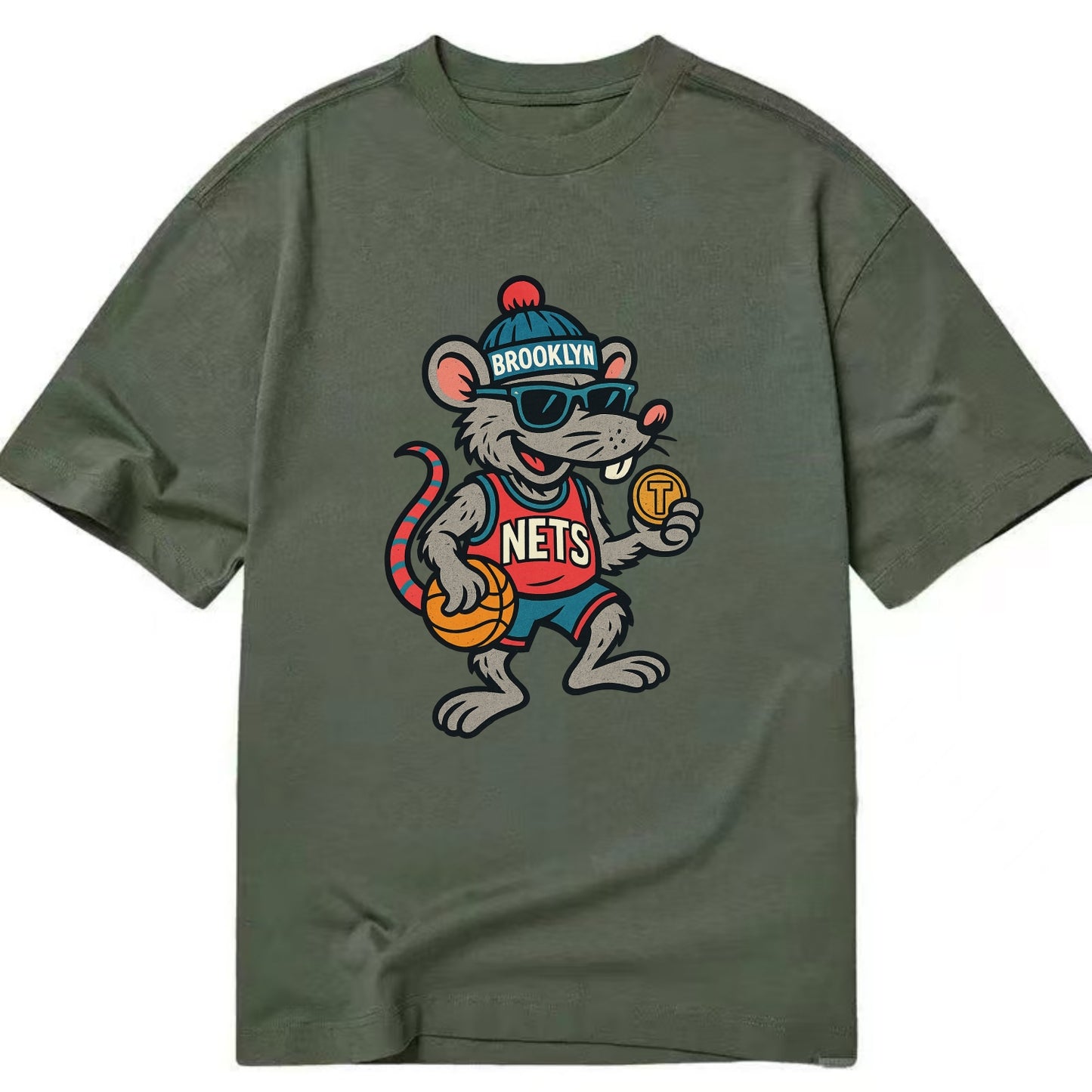 Brooklyn Rat wearing Nets beanie with subway token and wayfarer sunglasses - Classic T-shirt - Army Green