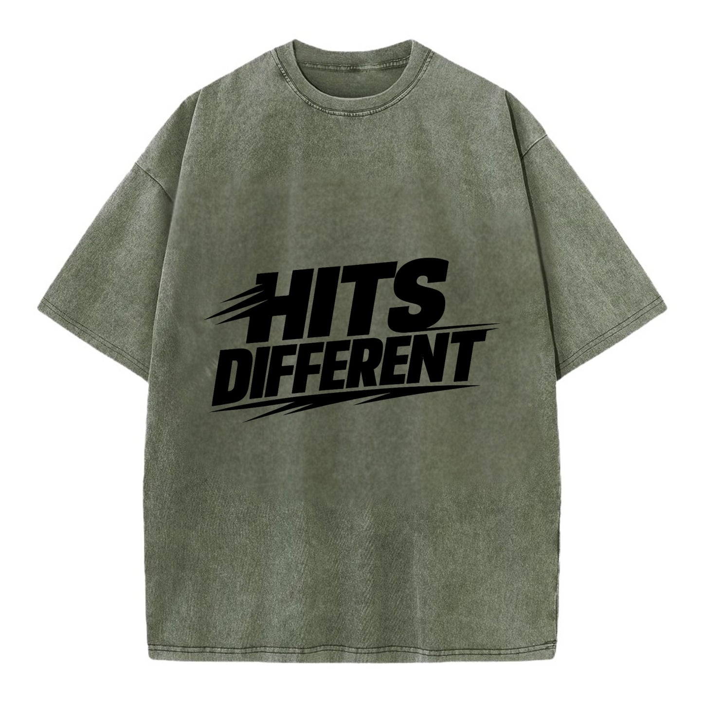 Bold typography design - "HITS DIFFERENT" - uniquely special, stands out - Vintage T-shirt - Army Green