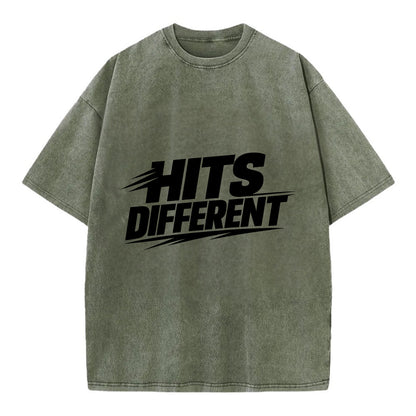 Bold typography design - "HITS DIFFERENT" - uniquely special, stands out - Vintage T-shirt - Army Green