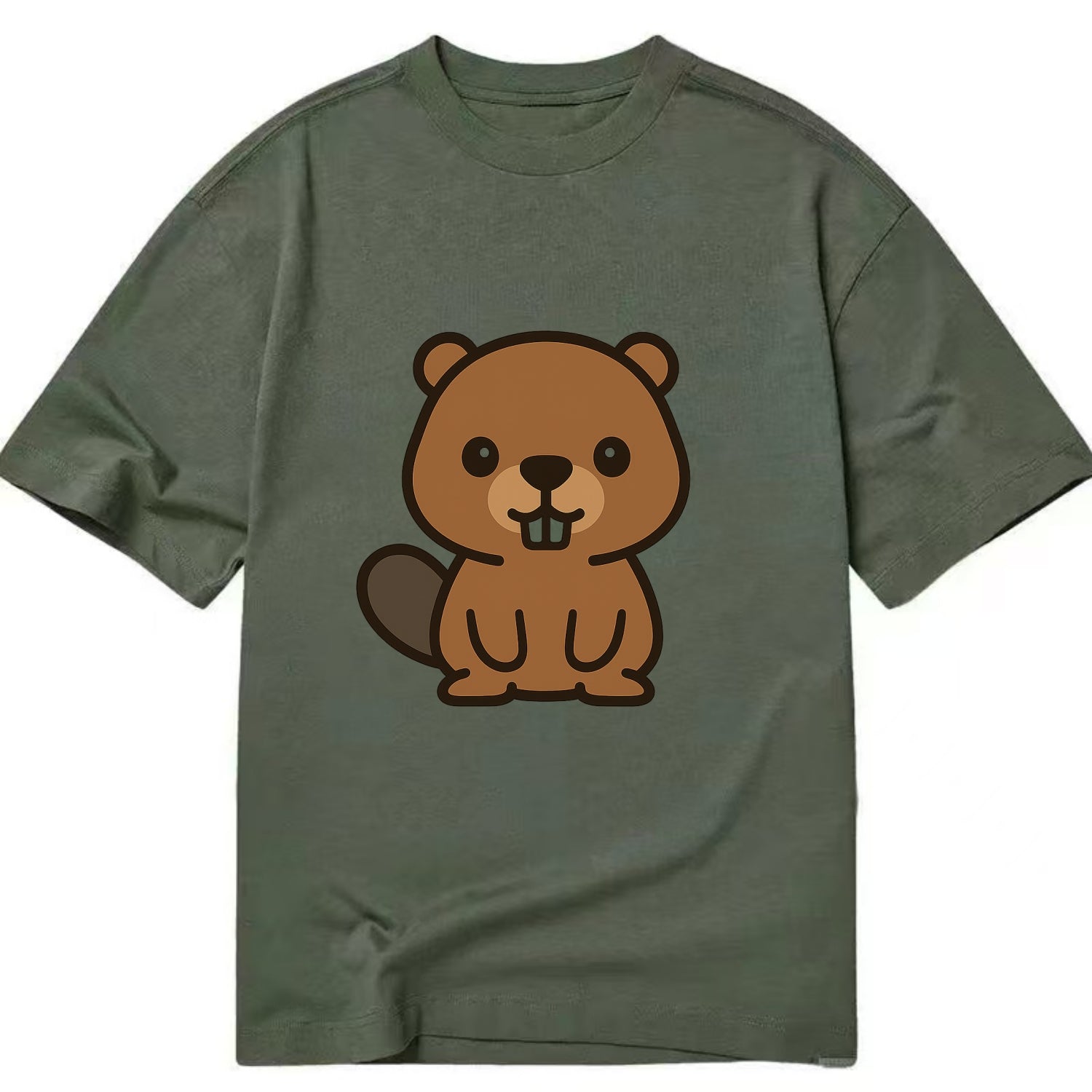 Baby Beaver - brown fur, paddle tail, buck teeth, friendly eyes, front-facing, - Classic T-shirt - Army Green