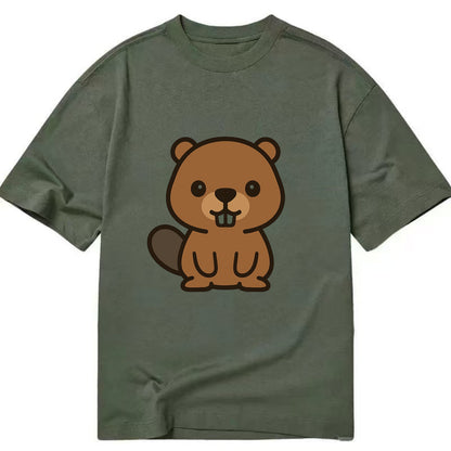 Baby Beaver - brown fur, paddle tail, buck teeth, friendly eyes, front-facing, - Classic T-shirt - Army Green