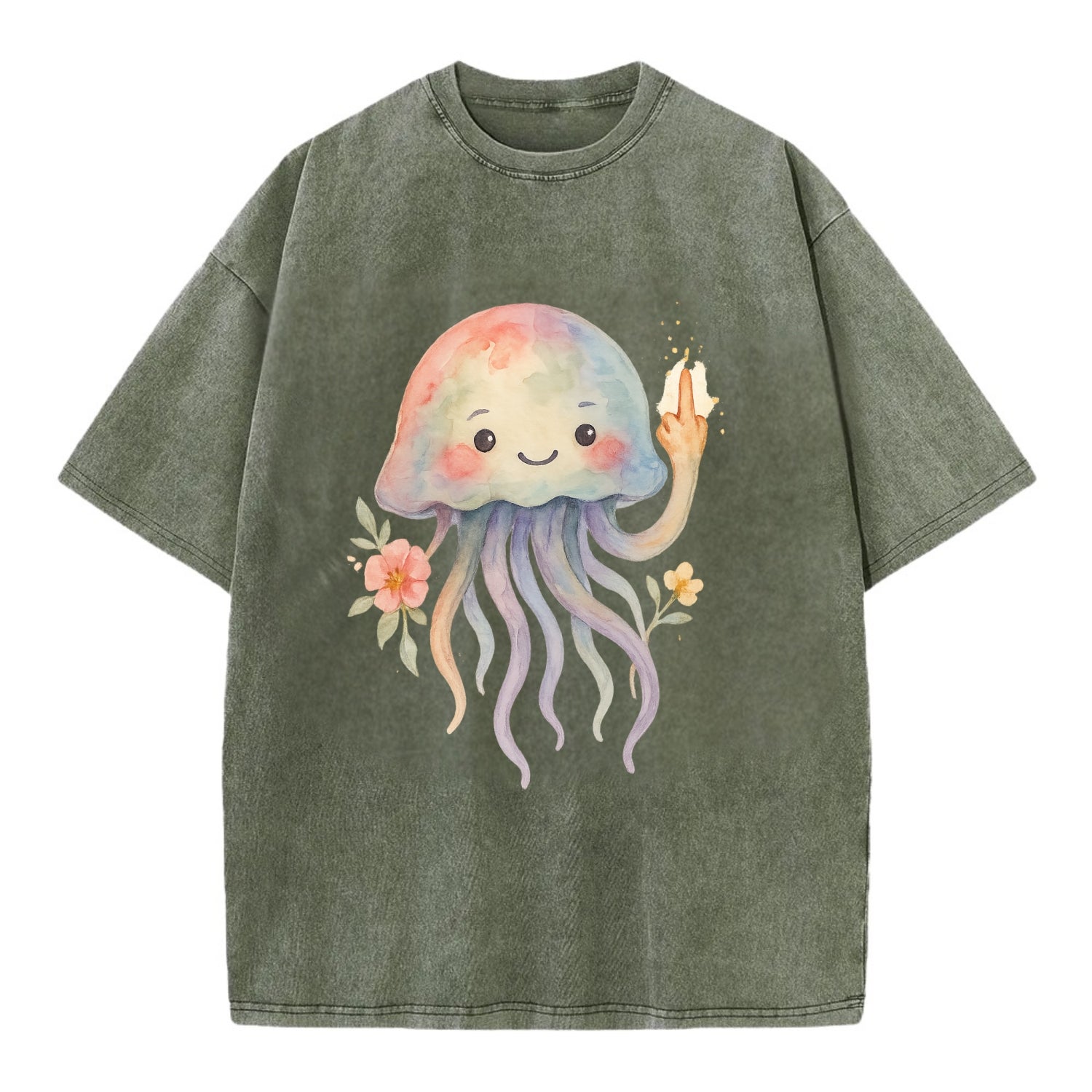 jellyfish with kawaii face and tentacles, one tentacle pointing up defiantly - Vintage T-shirt - Army Green
