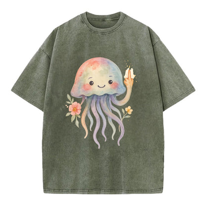 jellyfish with kawaii face and tentacles, one tentacle pointing up defiantly - Vintage T-shirt - Army Green