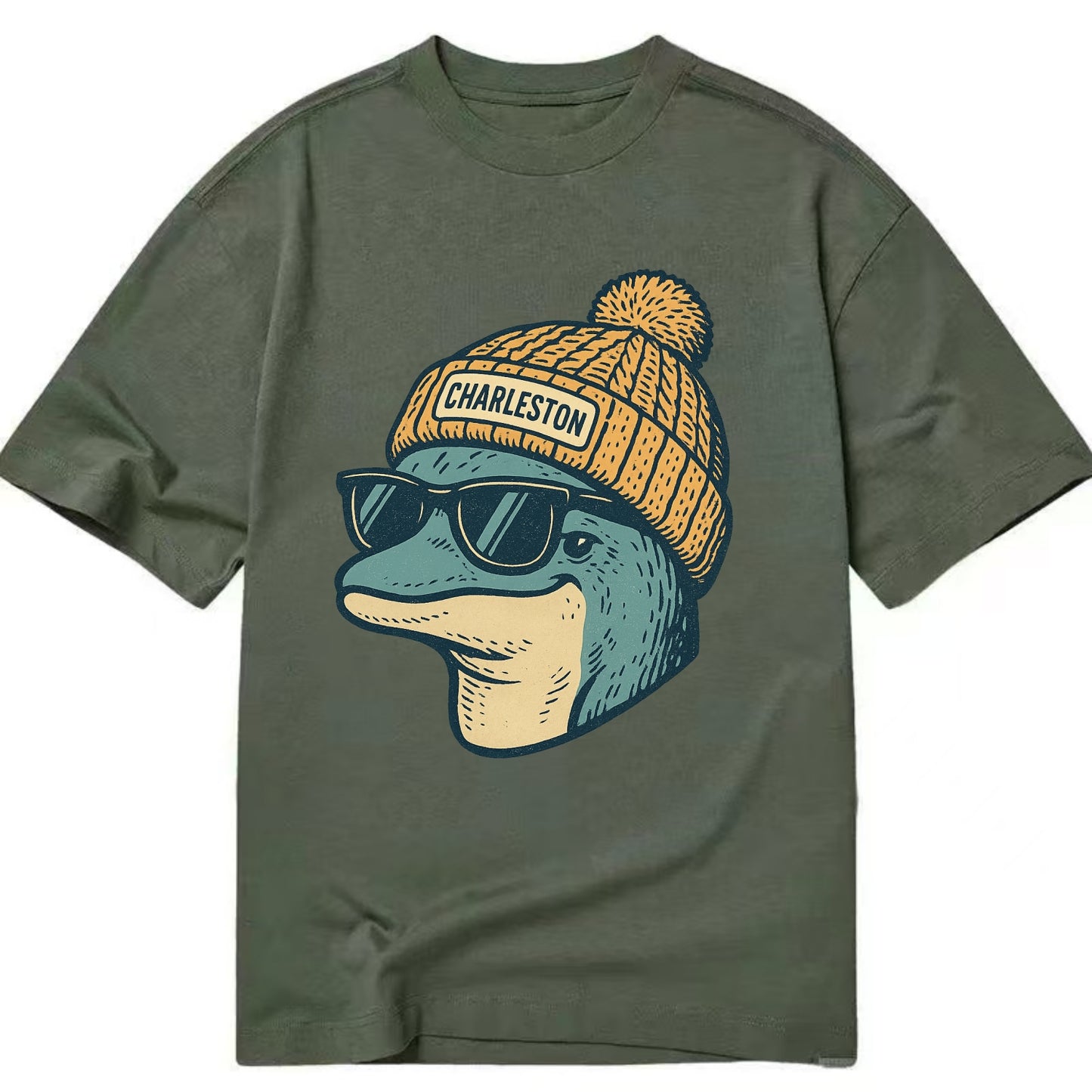 Charleston Dolphin wearing Charleston beanie with pom pom and wayfarer sunglasses - Classic T-shirt - Army Green