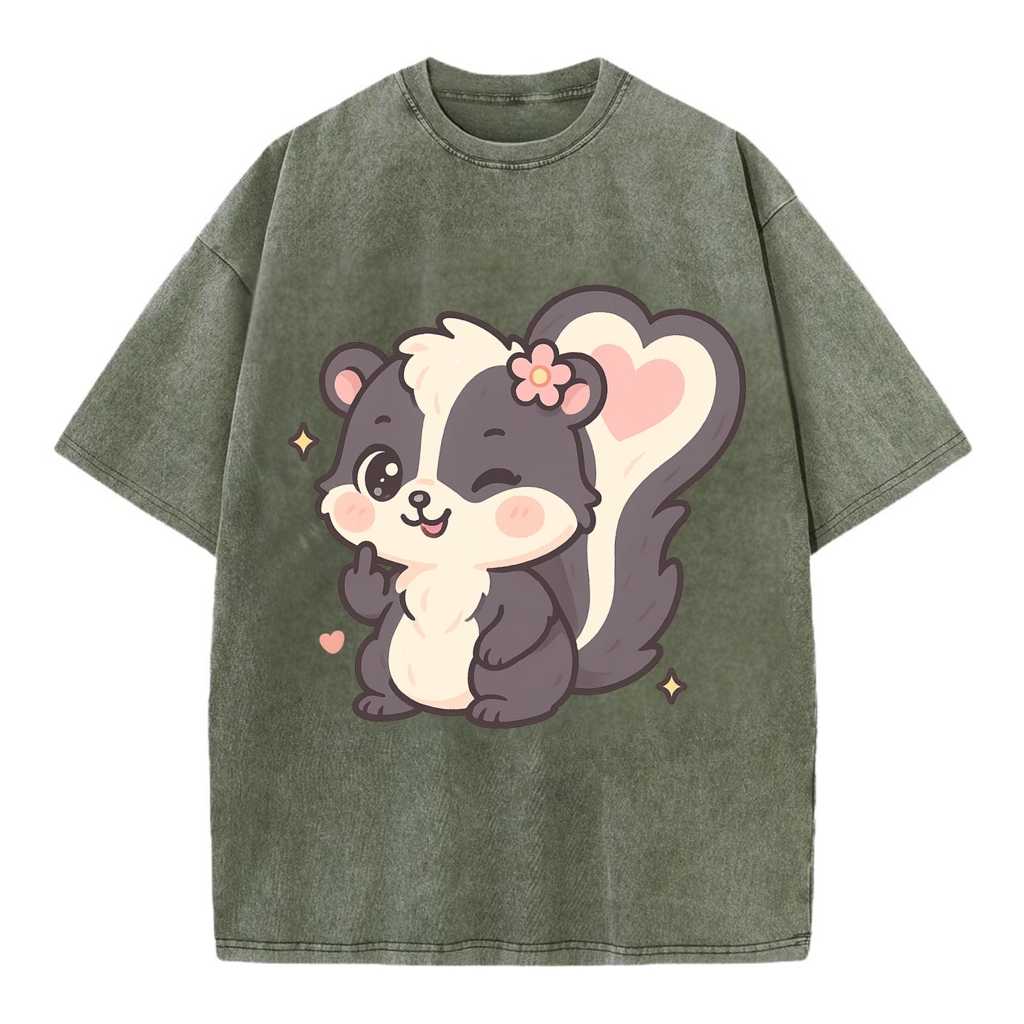 fluffy skunk with heart-shaped tail pattern, one paw up showing sass - Vintage T-shirt - Army Green