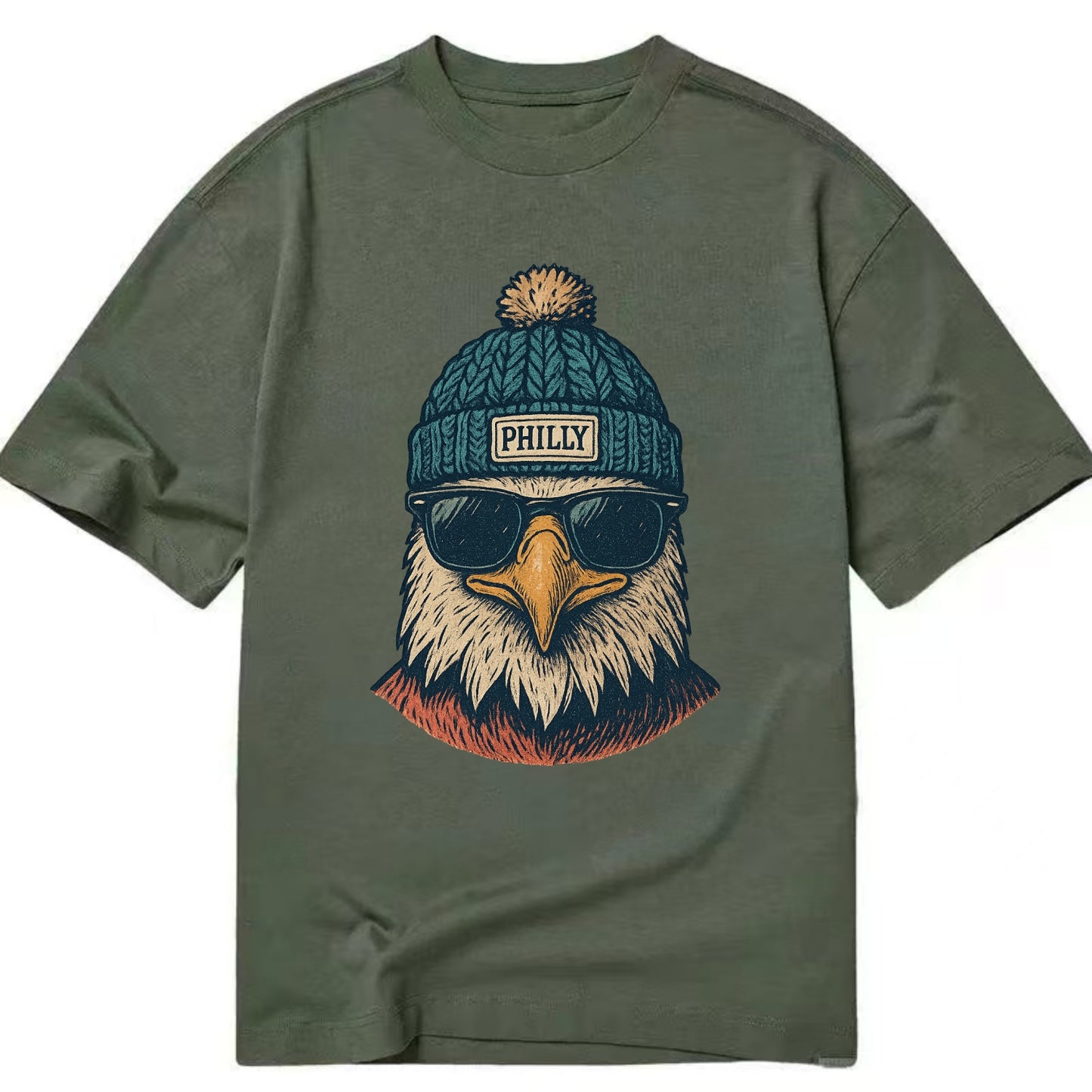 Philadelphia Eagle wearing Philly beanie with pom pom and wayfarer sunglasses - Classic T-shirt - Army Green