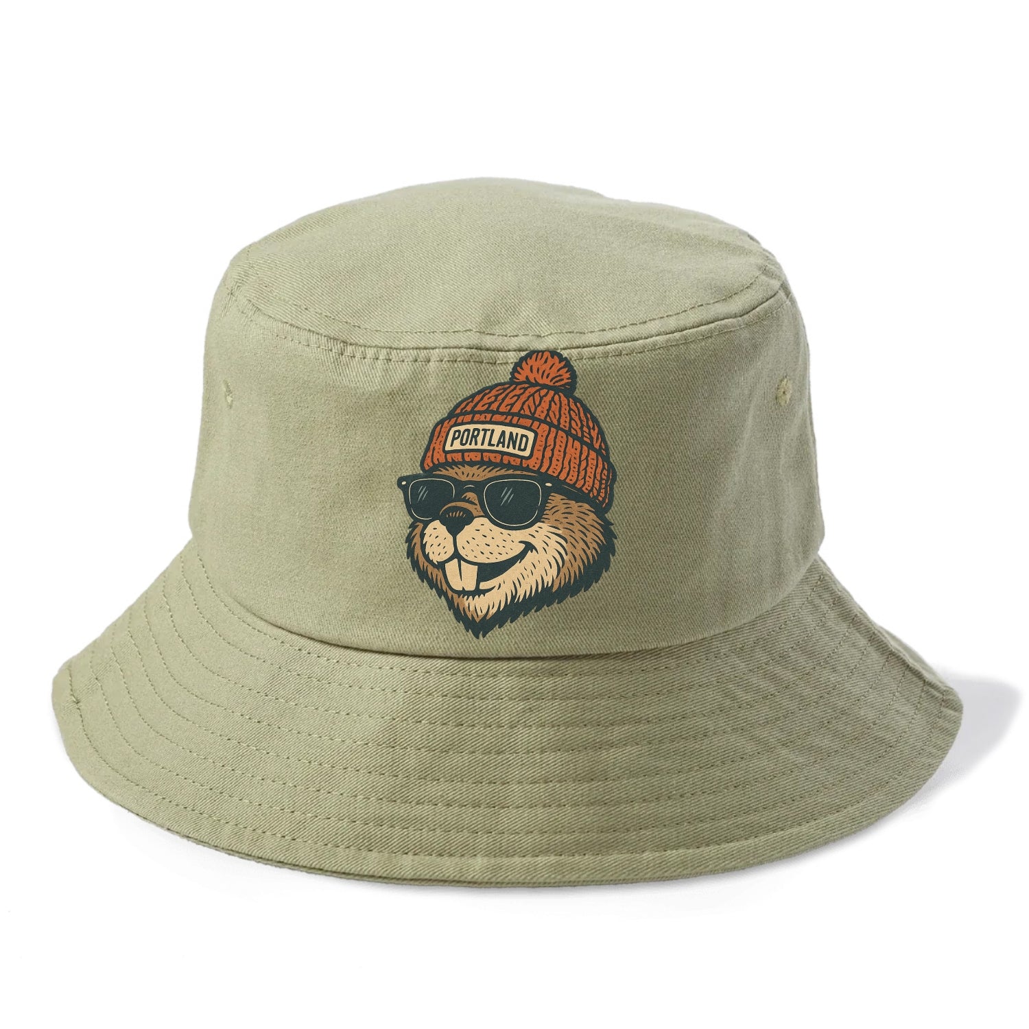 Oregon Beaver wearing Portland beanie with pom pom and wayfarer sunglasses - Bucket Hat - Army Green
