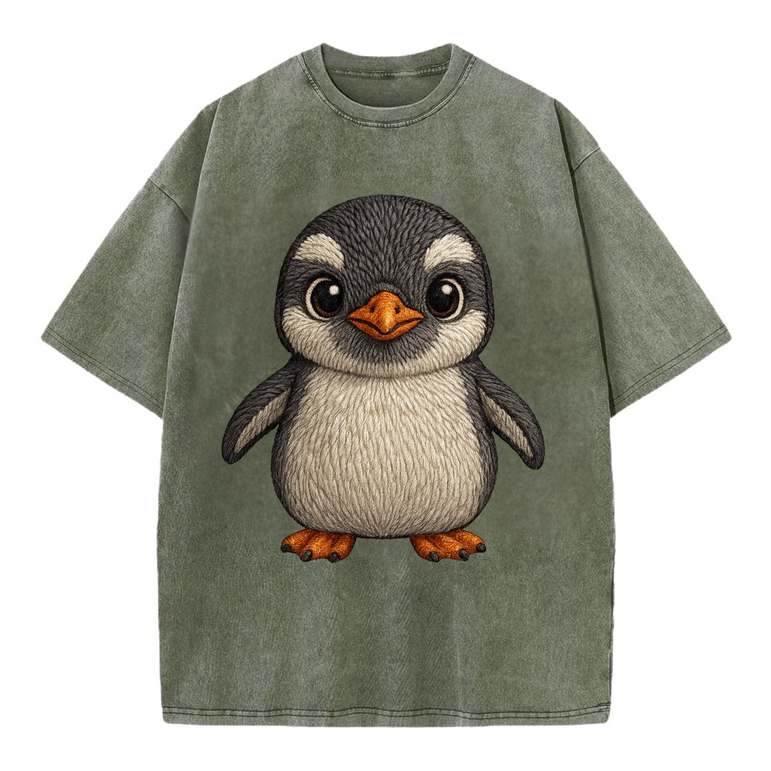 Baby Gentoo Penguin - orange beak, white cap, bright eyes, front-facing, energetic - Vintage T-shirt - Army Green