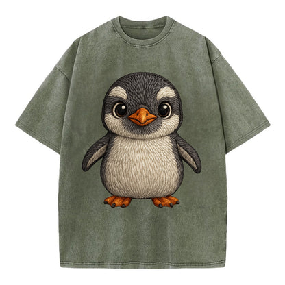 Baby Gentoo Penguin - orange beak, white cap, bright eyes, front-facing, energetic - Vintage T-shirt - Army Green