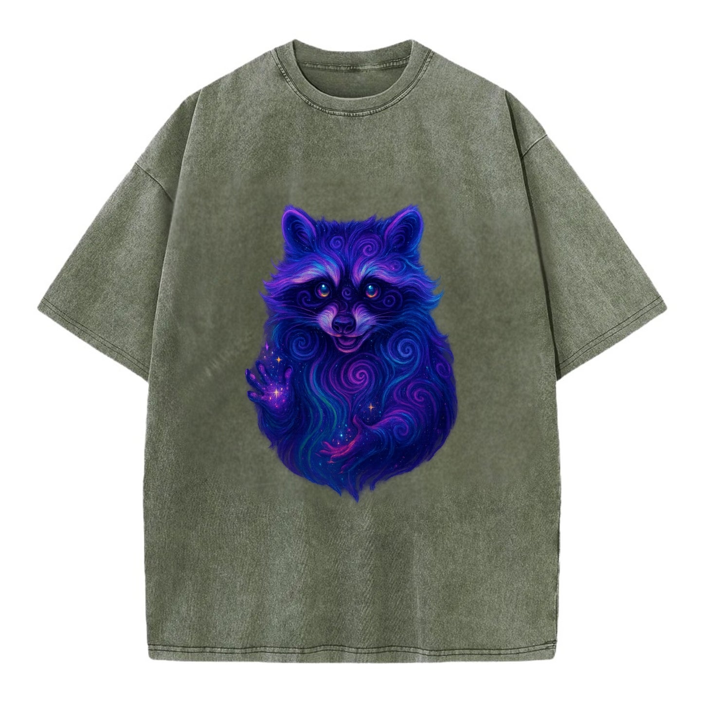 Playful raccoon with mask swirling in hypnotic patterns, neon purple and green - Vintage T-shirt - Army Green