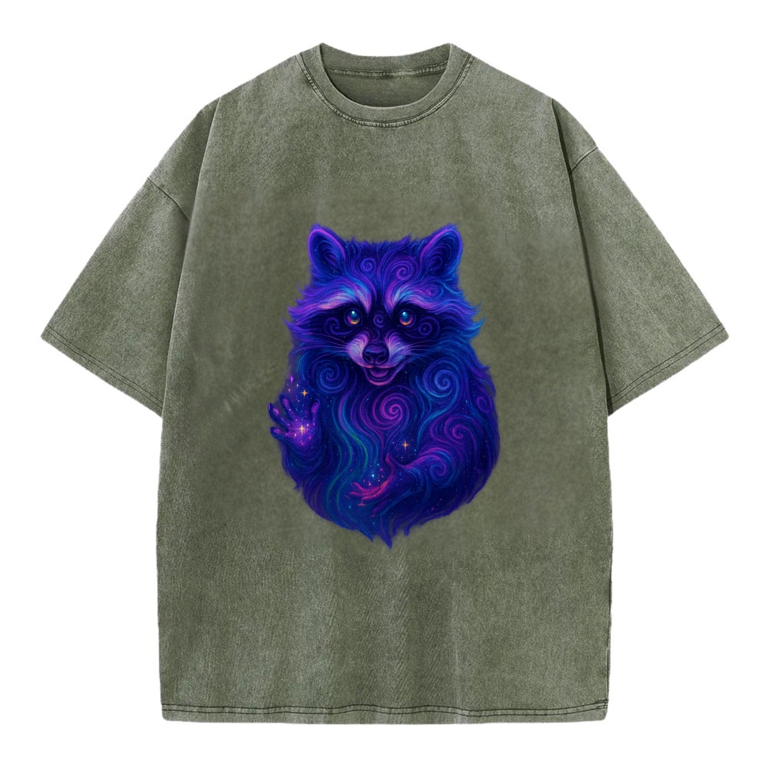 Playful raccoon with mask swirling in hypnotic patterns, neon purple and green - Vintage T-shirt - Army Green