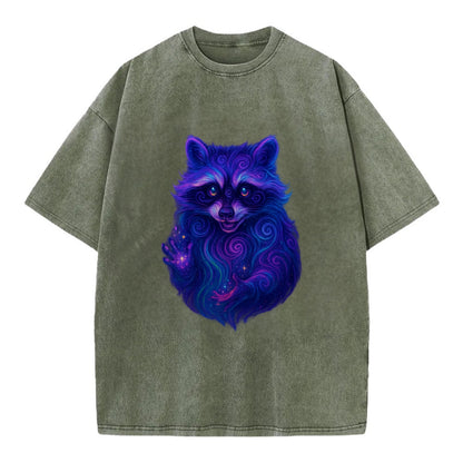 Playful raccoon with mask swirling in hypnotic patterns, neon purple and green - Vintage T-shirt - Army Green