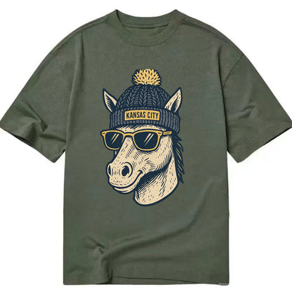 Missouri Mule wearing Kansas City beanie with pom pom and wayfarer sunglasses - Classic T-shirt - Army Green