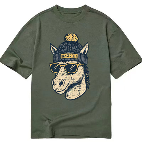 Missouri Mule wearing Kansas City beanie with pom pom and wayfarer sunglasses - Classic T-shirt