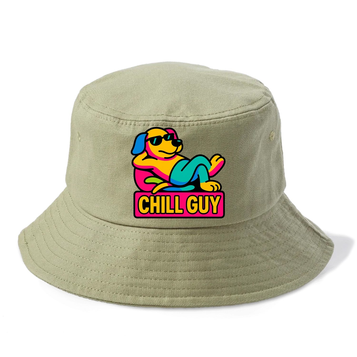Super relaxed dog character lounging unbothered - "Chill Guy" meme energy, laid back - Bucket Hat - Army Green