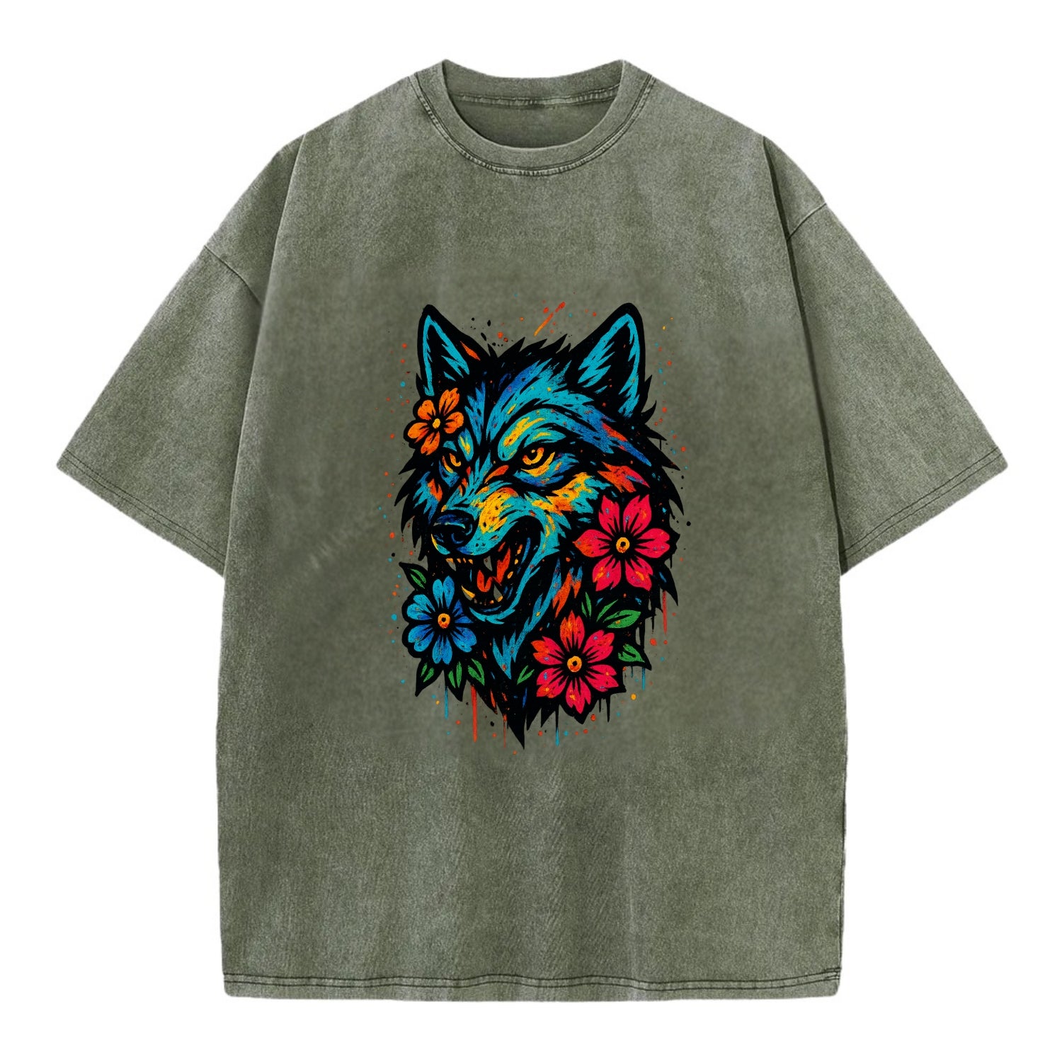 Floral Wolf Garden  - Vintage T-shirt - Army Green