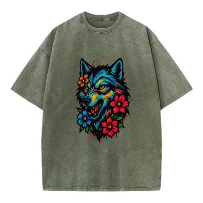 Floral Wolf Garden  - Vintage T-shirt - Army Green