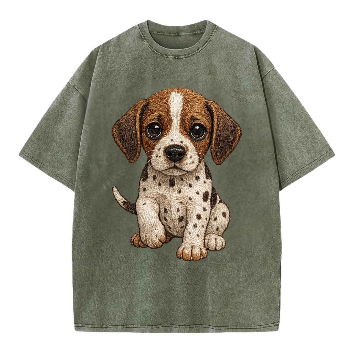 Baby Pointer Puppy - spotted coat, noble stance, alert eyes, front-facing, - Vintage T-shirt - Army Green