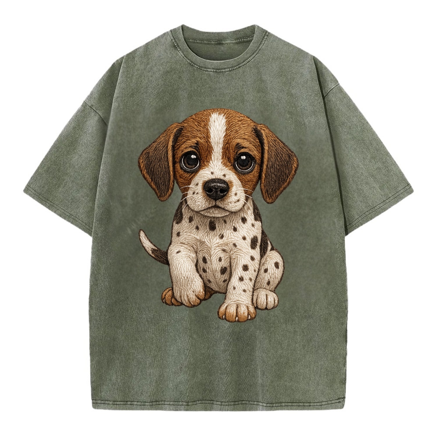 Baby Pointer Puppy - spotted coat, noble stance, alert eyes, front-facing, - Vintage T-shirt - Army Green