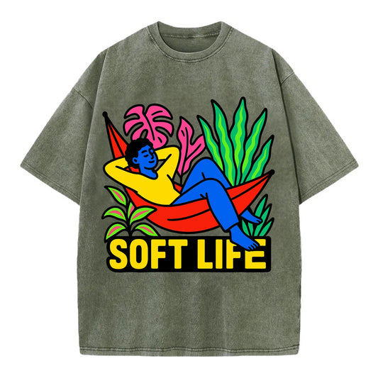 Person relaxing in hammock with plants - "soft life" aesthetic, peaceful living - Vintage T-shirt - Army Green