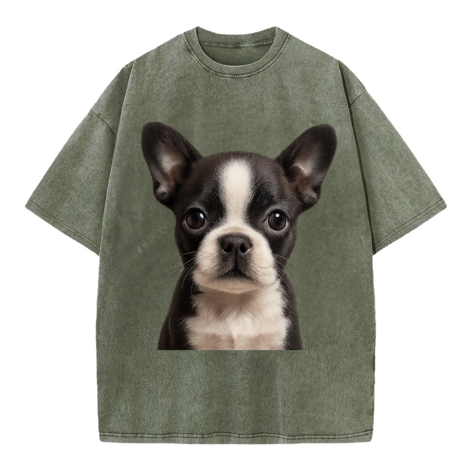Baby Boston Terrier Puppy - tuxedo markings, big round eyes, bat ears, - Vintage T-shirt - Army Green