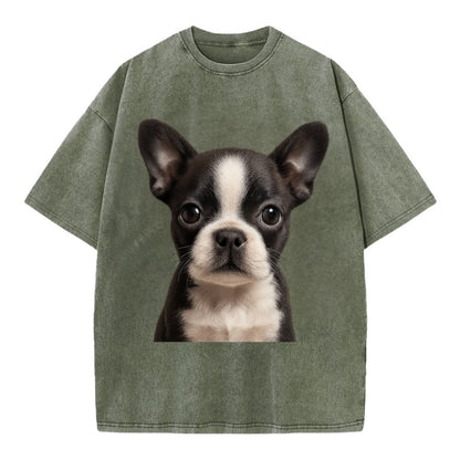 Baby Boston Terrier Puppy - tuxedo markings, big round eyes, bat ears, - Vintage T-shirt - Army Green