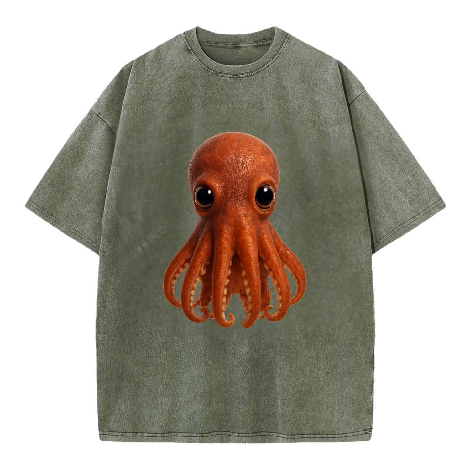 Baby Giant Pacific Octopus - reddish, smaller tentacles, expressive eyes, - Vintage T-shirt - Army Green